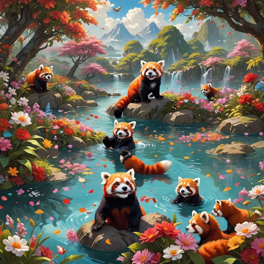Red Pandas Play in Lagoon Flower Field
