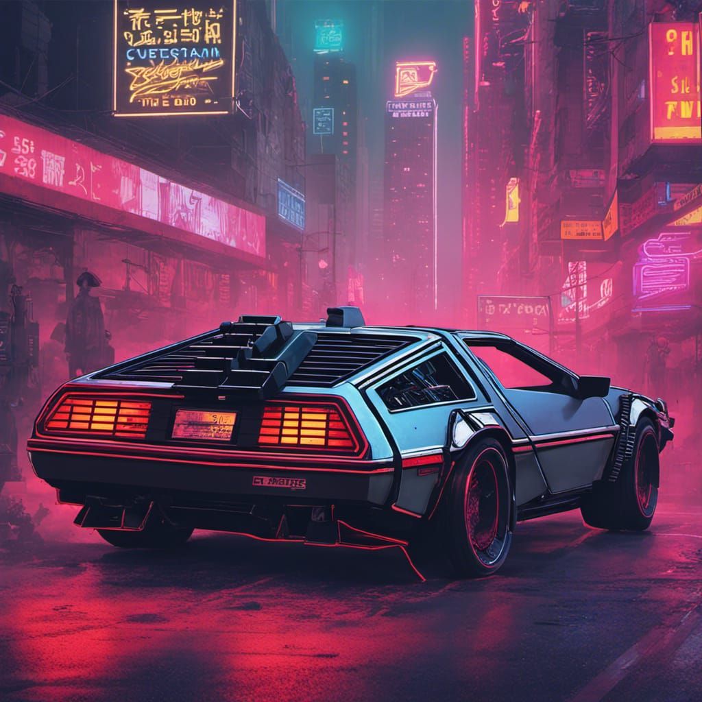 Cyberpunk DeLorean in Neon Blade Runner Style