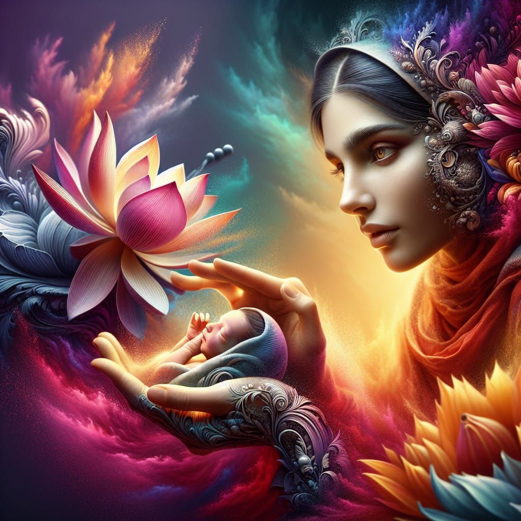 Hyperrealistic Portrait of Mother with Newborn and Lotus