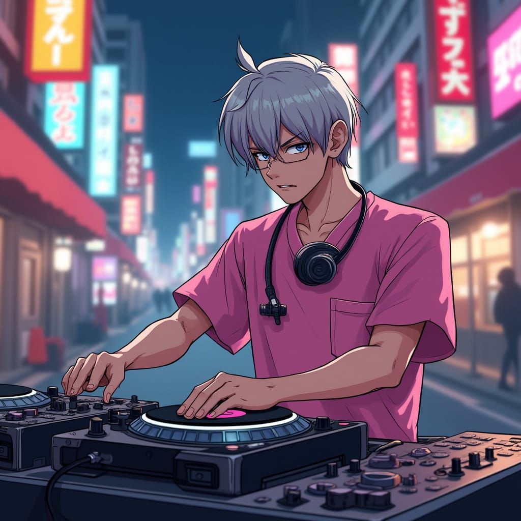 Japanese Cityscape Nightclub Scene with Neon Lights and Trad...