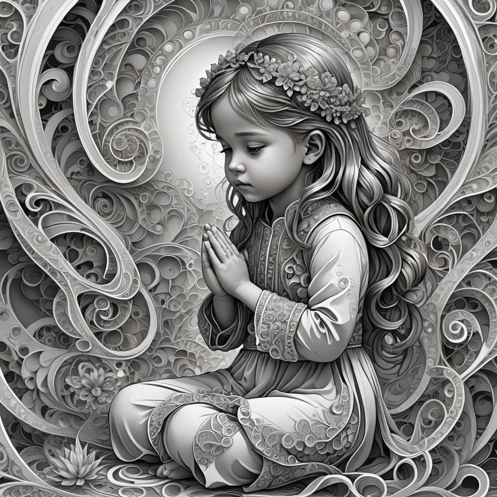 Little Girl Praying with Abstract Fractal Design