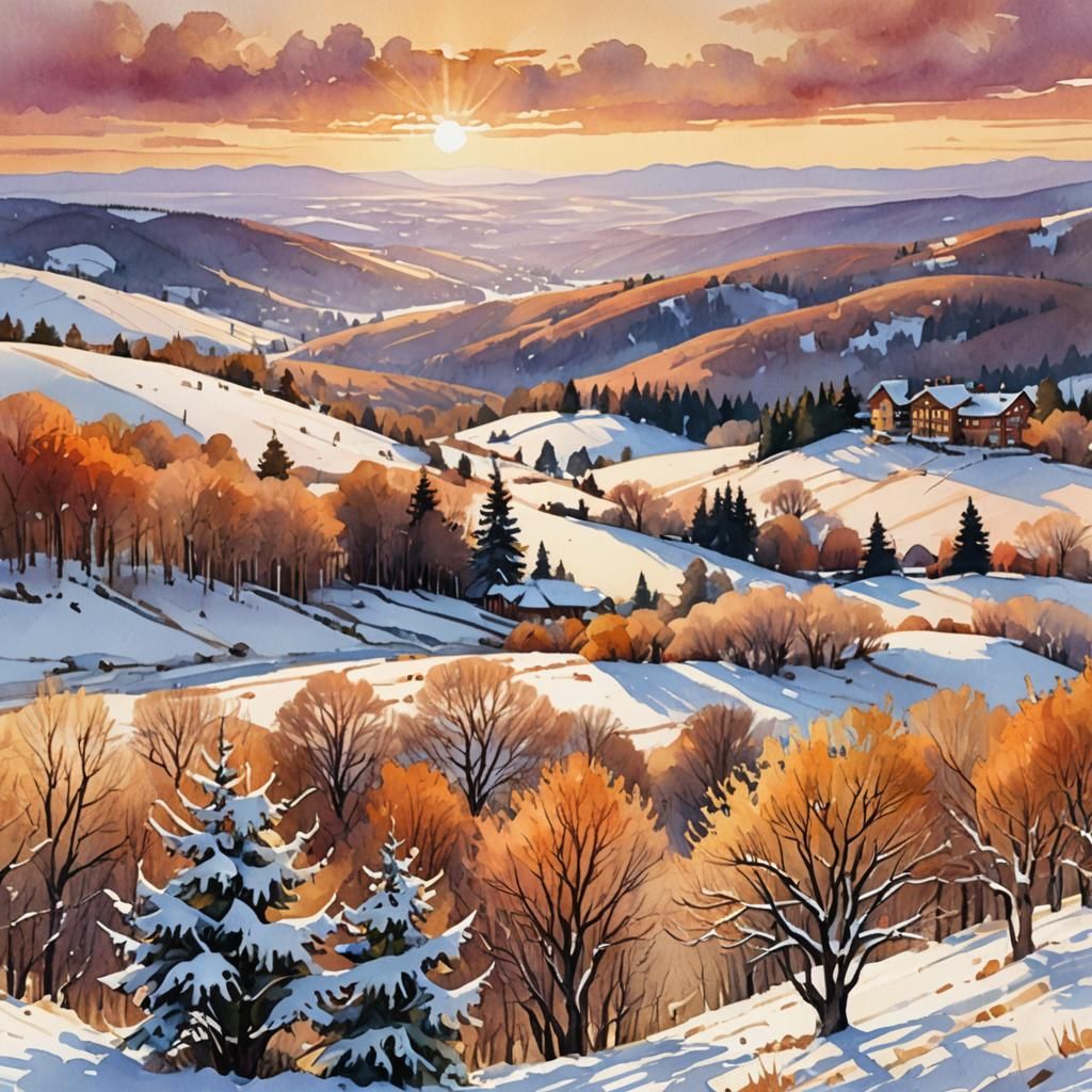 Winter Sunset Landscape in Digital Watercolor Style