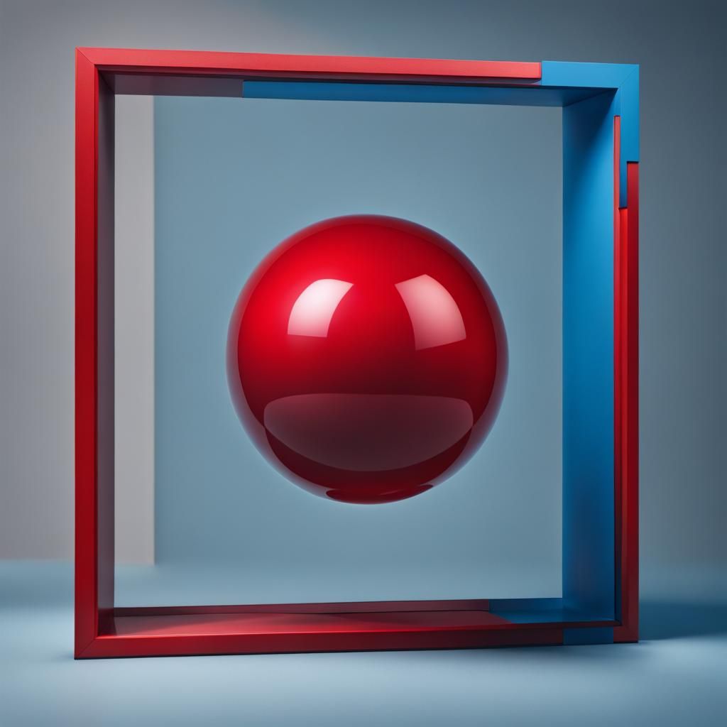 Photo realistic picture of red orb floating in a bright blue square frame.