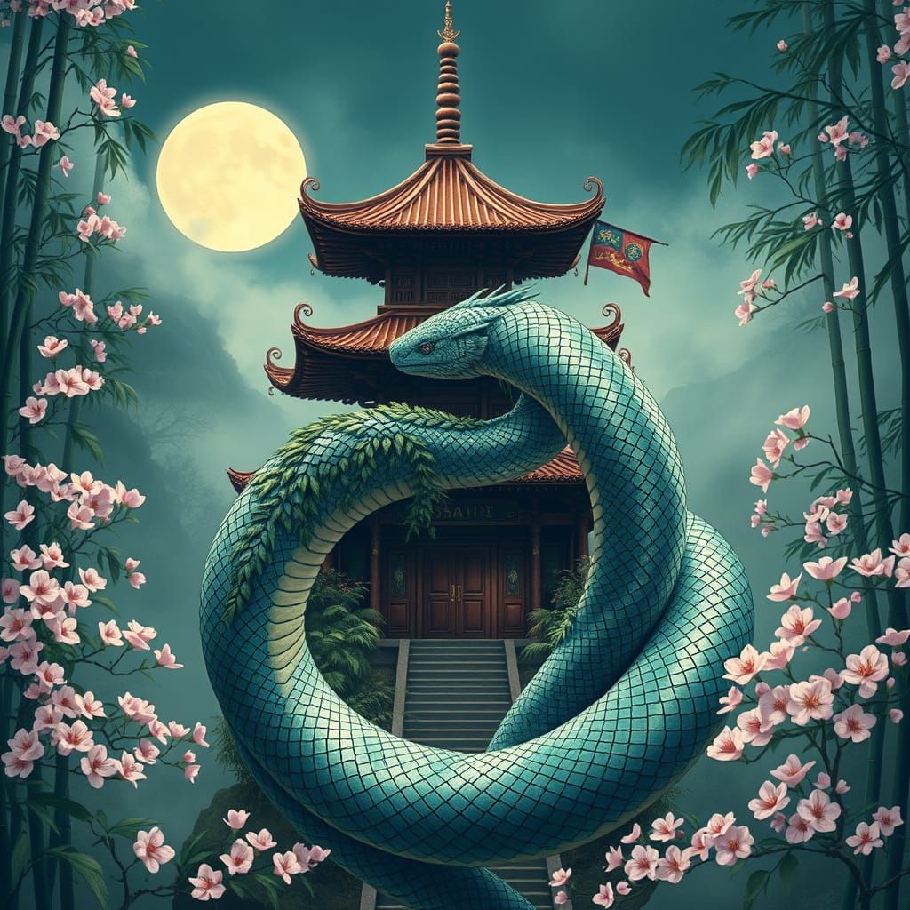 Ethereal Serpent Guardians Ancient Pagoda in Bloom