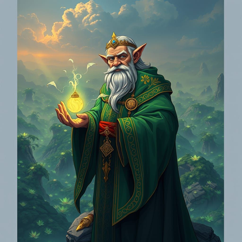 Wise Elf Nobleman Overlooks Bioluminescent Jungle