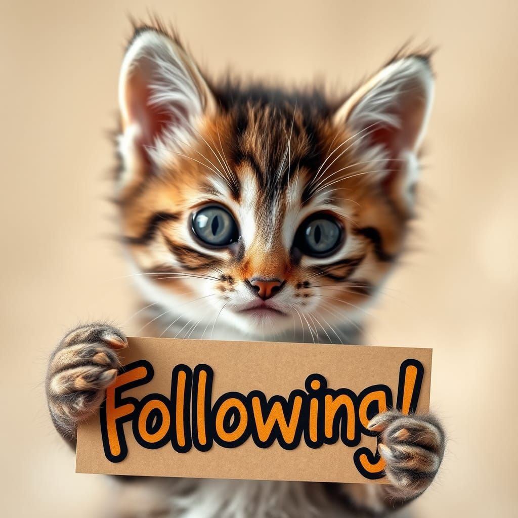 Adorable Kitten Holds 'Following!' Sign Portrait
