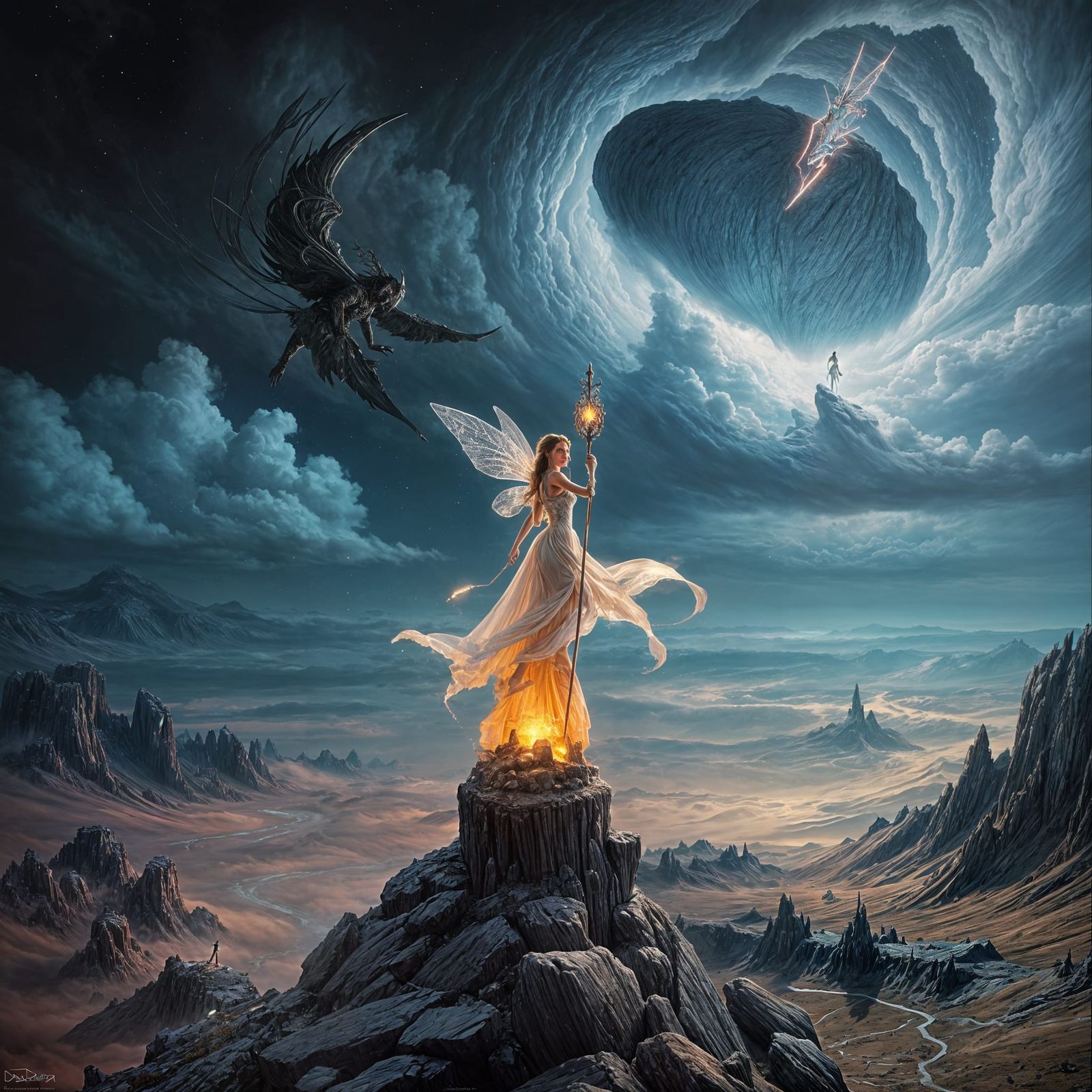 Fairy on Crystal Spire in Dark Fantasy Art