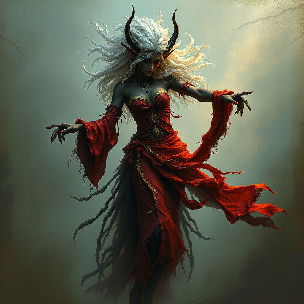 Ethereal Drow Elf Dancer in Victorian Lithography Style