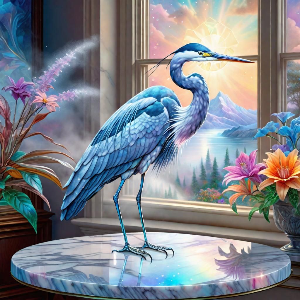 A Silver Heron on a Marble table Top