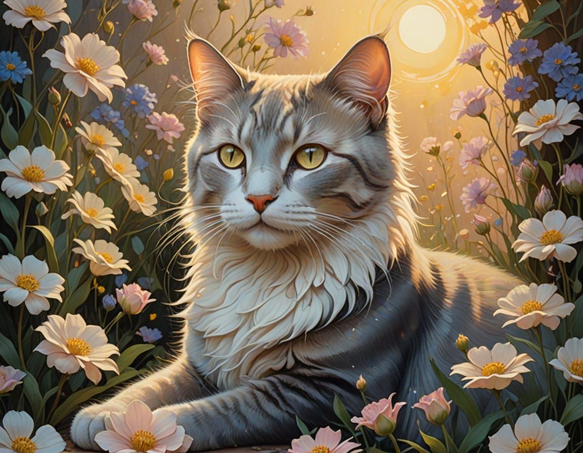 Elegant Art Nouveau Cat Amidst Blooming Flowers