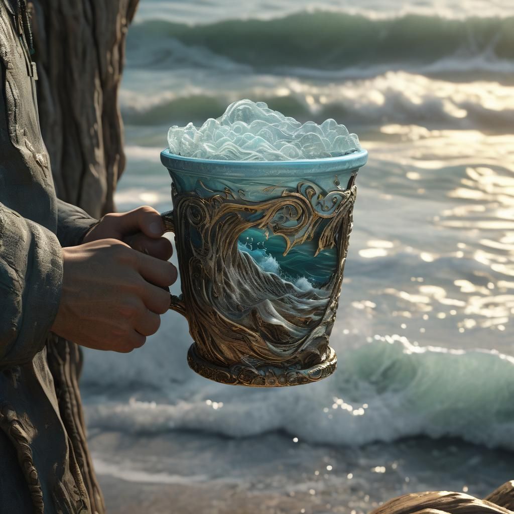 Epic 3D Coastal Scene with Ornate Cup