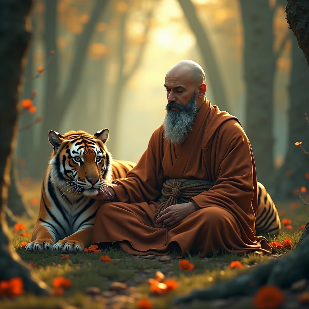 Meditating Monk and Tiger in Forest