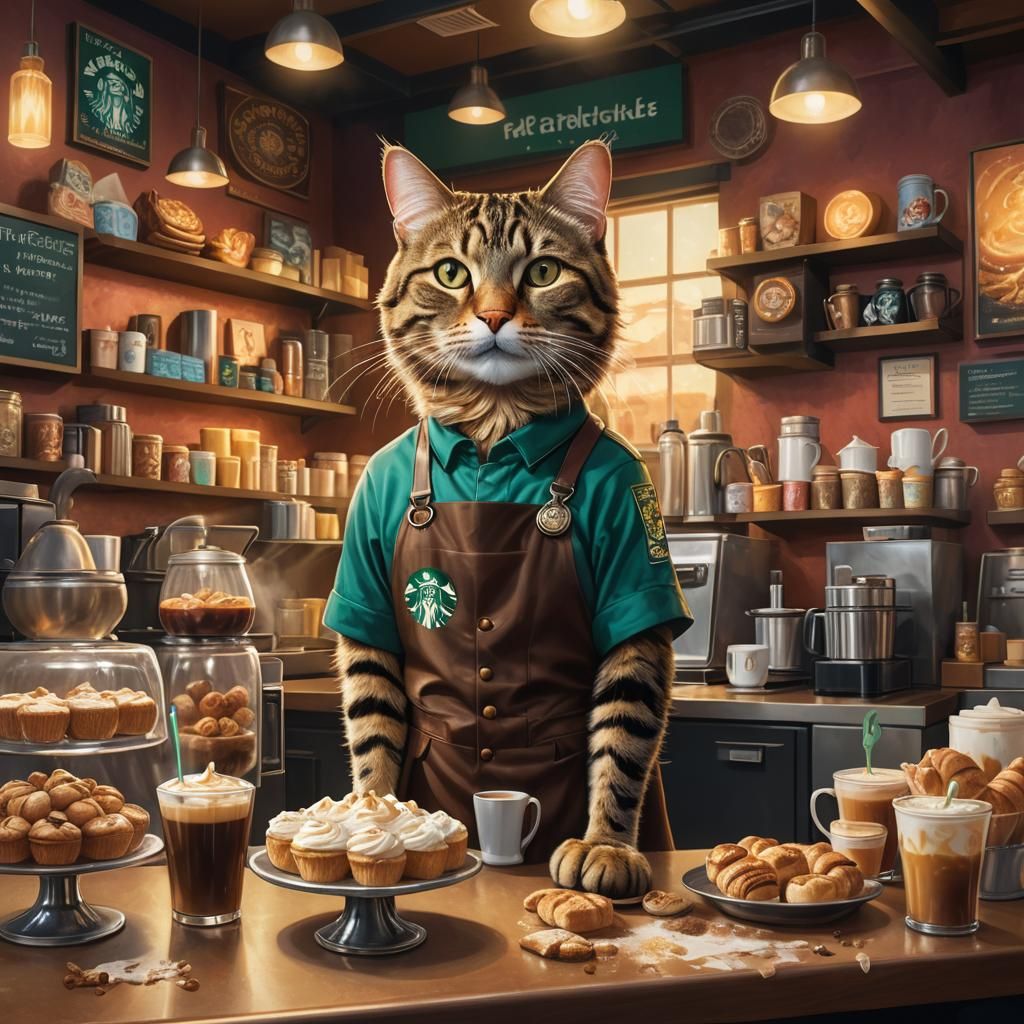 Tabby Cat Barista in Fantasy Coffee Shop