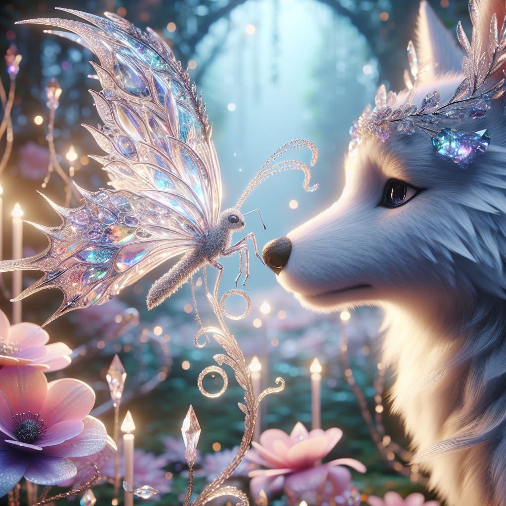 Glass Butterfly on Wolf in Magical Garden