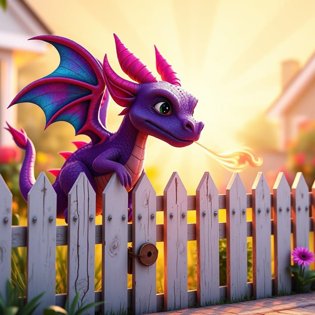 Whimsical Purple Dragon Ignites Picket Fence in Quaint Subur...
