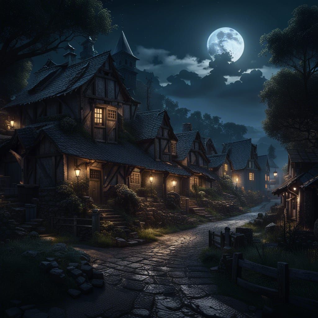 Moonlit Countryside Village: Dark Fantasy Concept Art