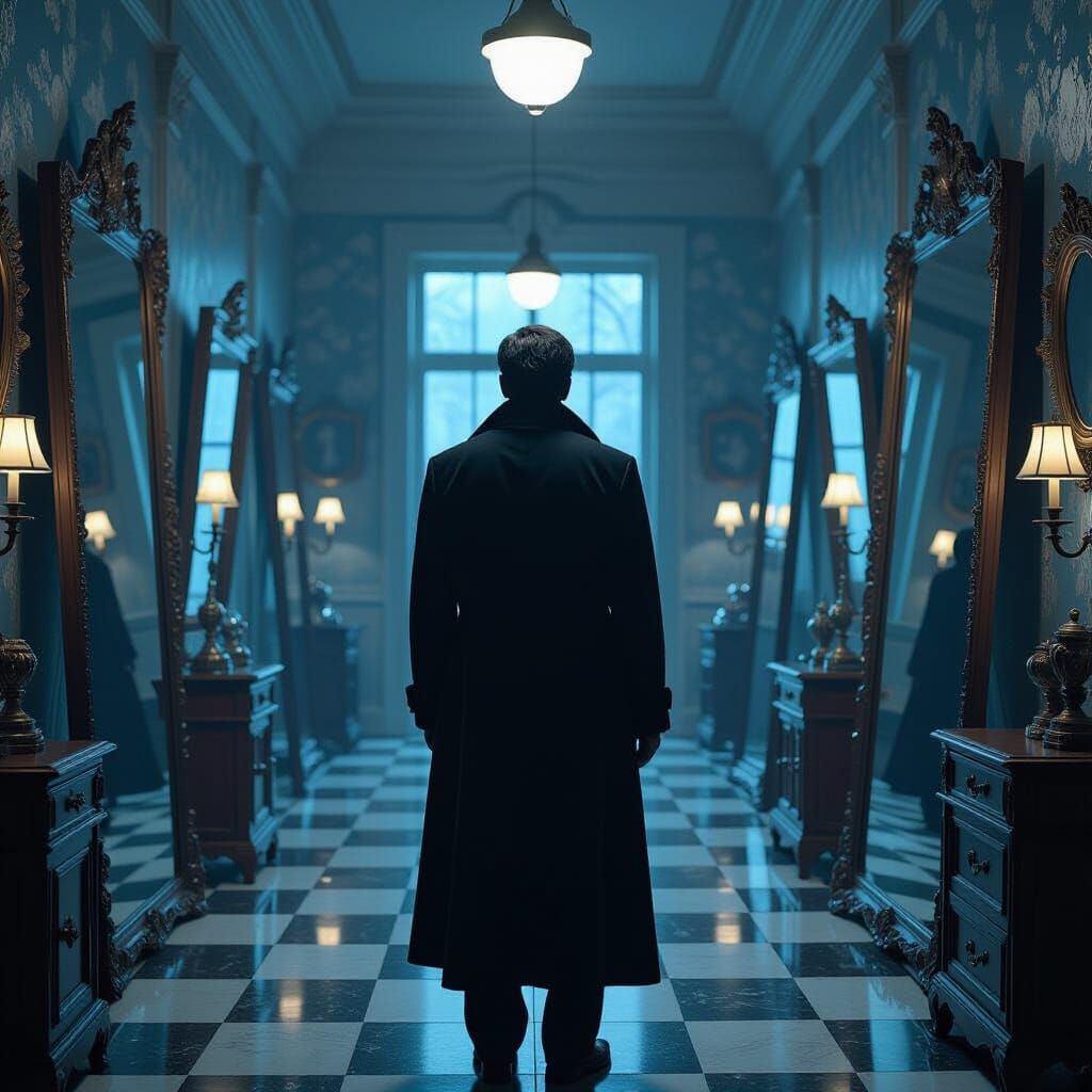 Figure Amidst Mirrors Reflecting Alternate Realities