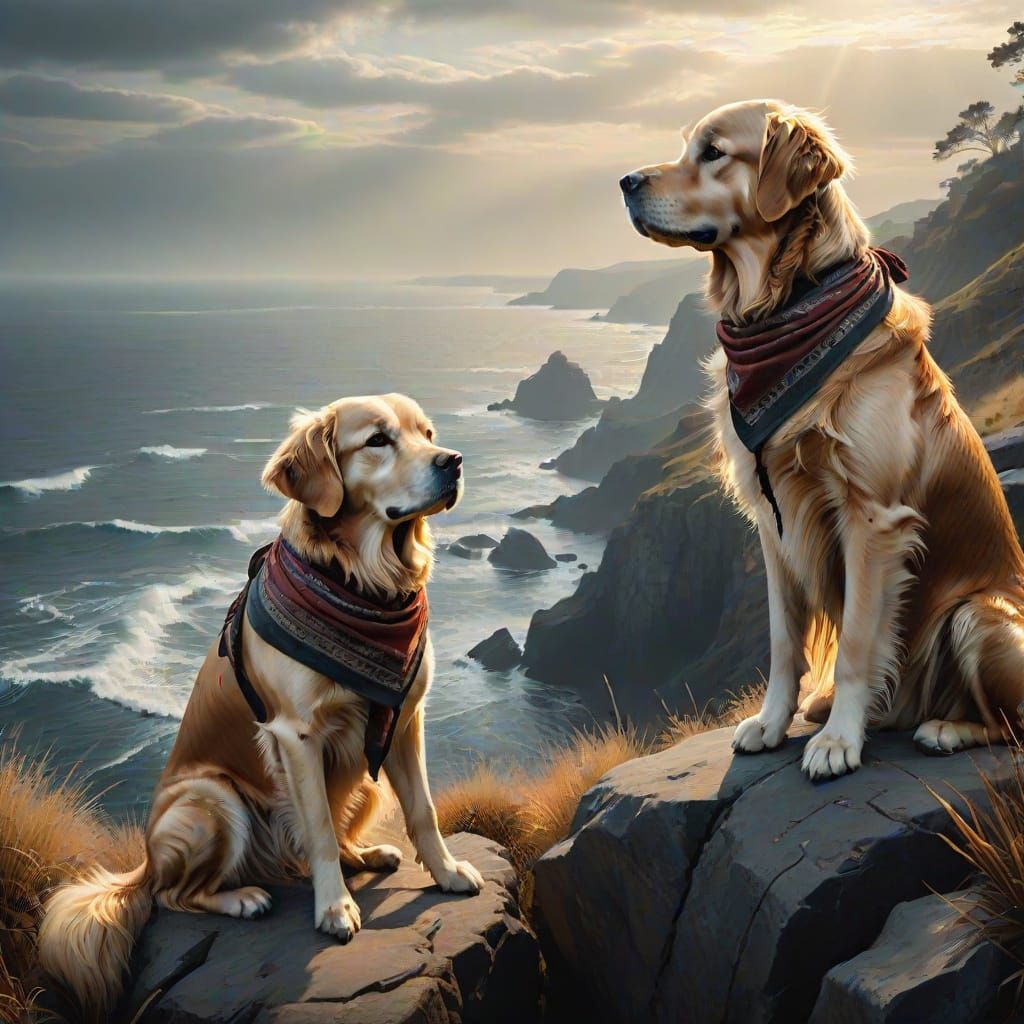 Golden Retriever on Windswept Cliff Overlooking Misty Ocean