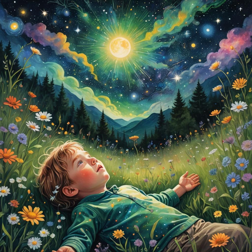 Cosmic Child: Astral Illustration in Mixed Media