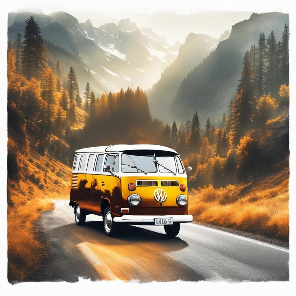 Classic VW Bus on Mountain Road