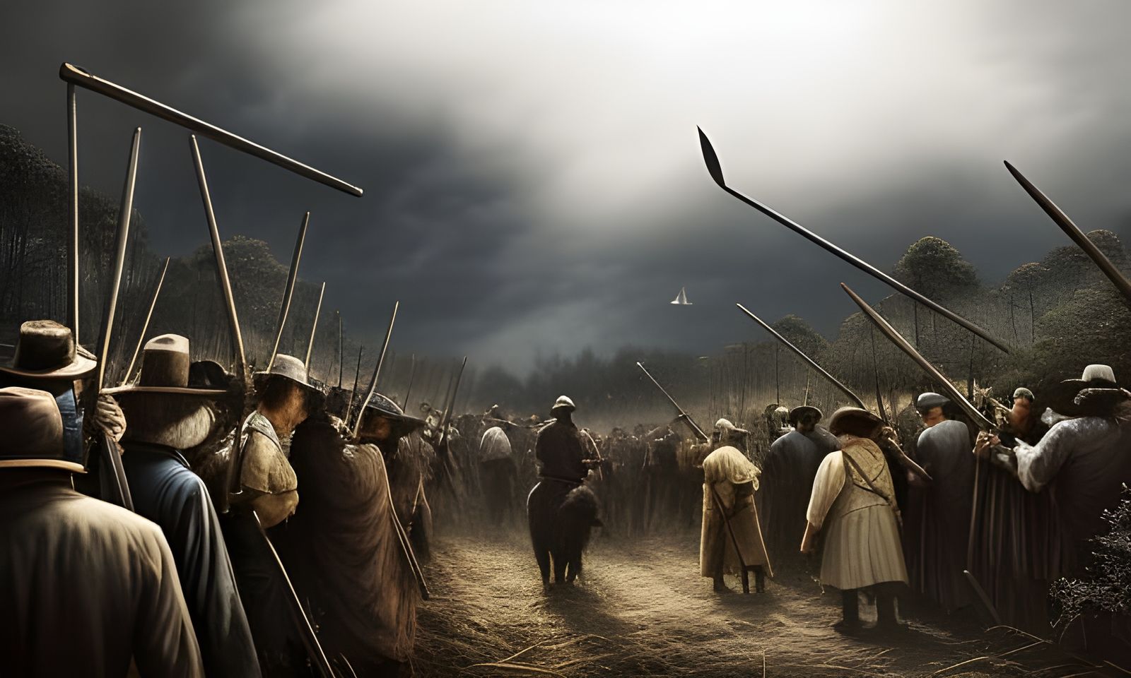 a mob carrying pitchforks