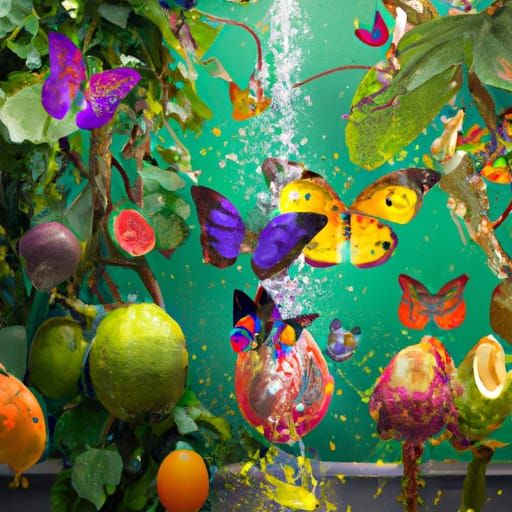 Hyperrealistic Tropical Fruits and Butterflies in Museum