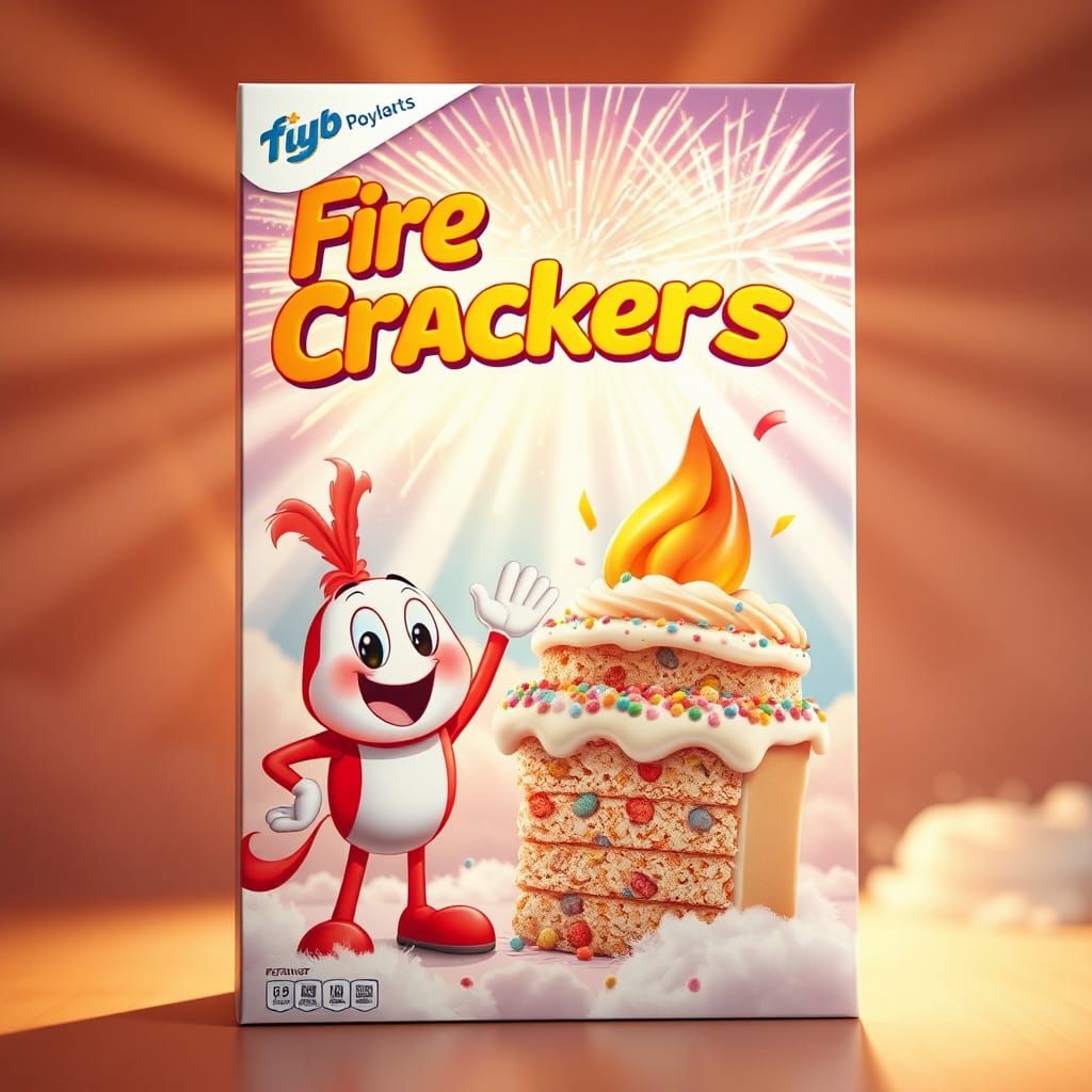 Whimsical Cereal Box Design with Firework Mascot