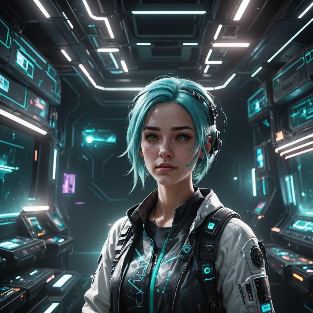 Photorealistic Gamer Girl Immersed in Holographic Game