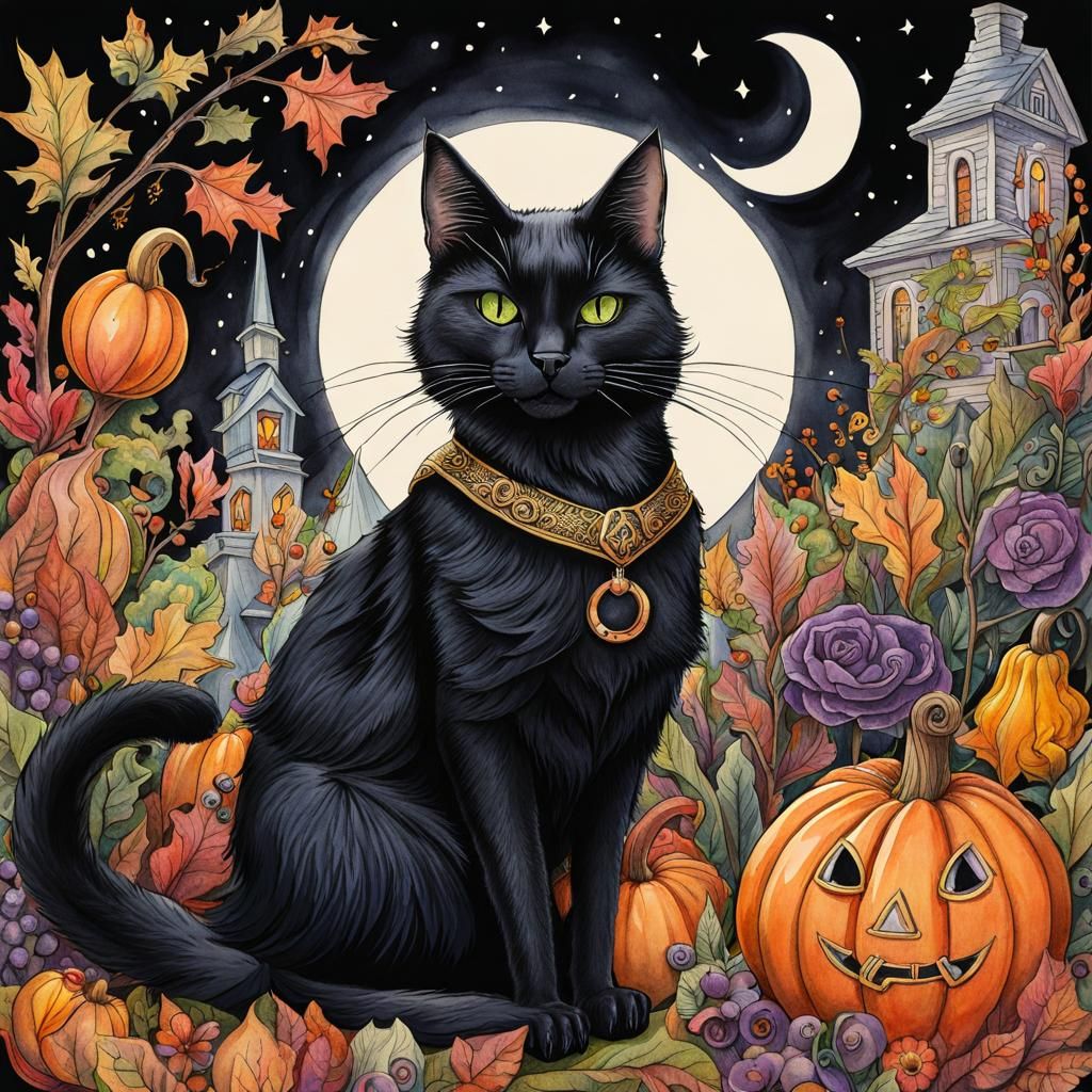 Black Cat Witch Costume: Detailed Watercolor Art