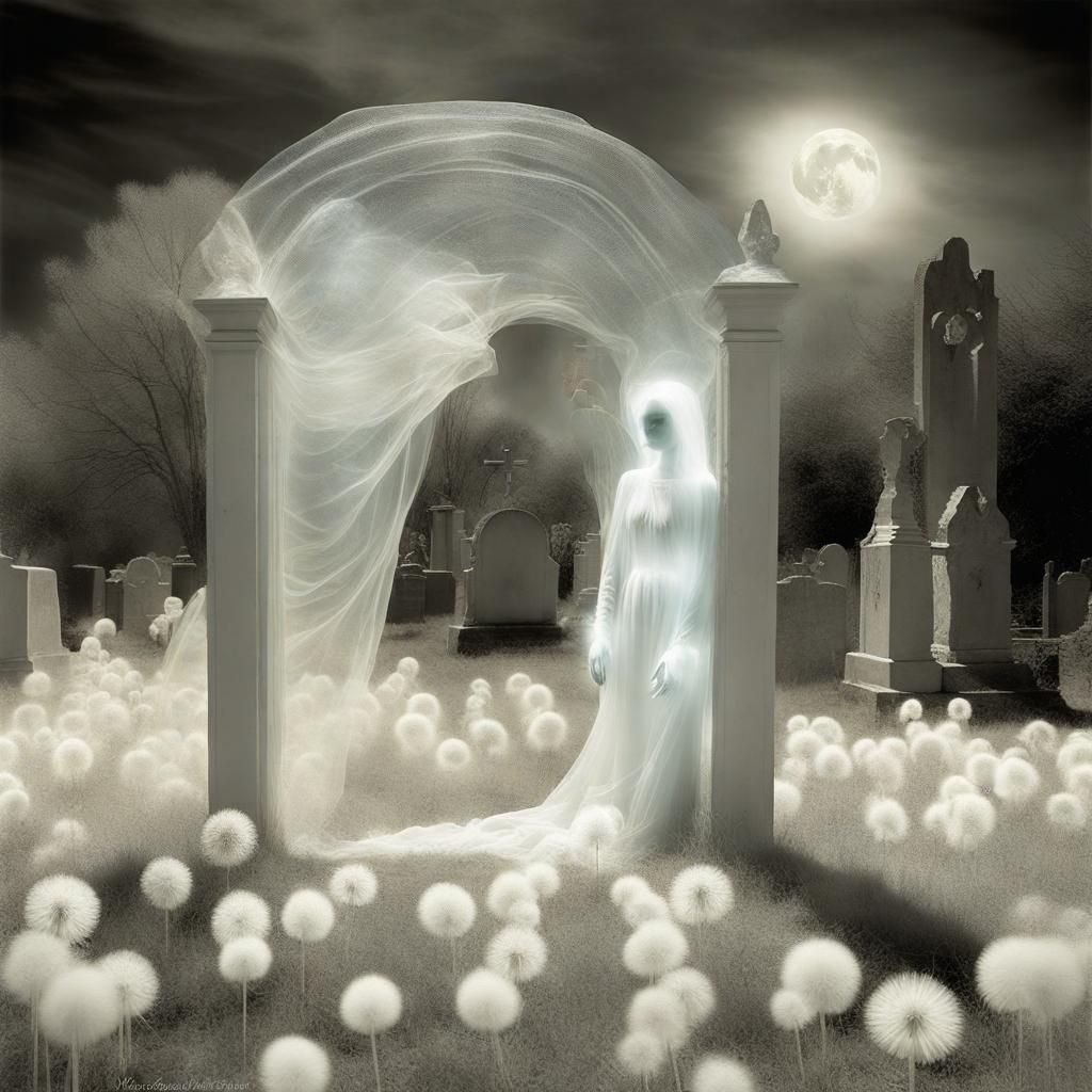 Gateway, Ghostly apparition of The Angel Of Death , infrared photography ,clothed in light and luminous silk, apparition...