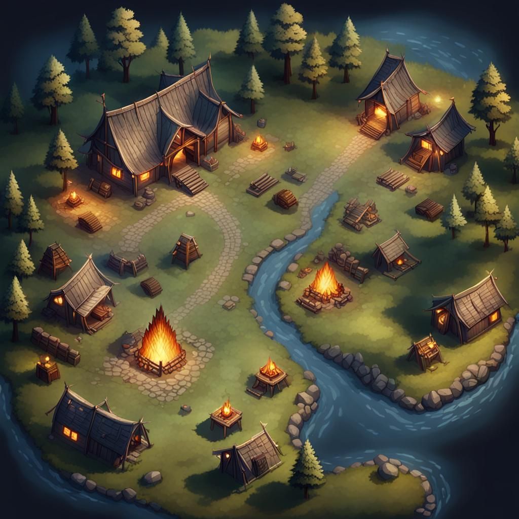 Medieval Campfire Battle Map at Night