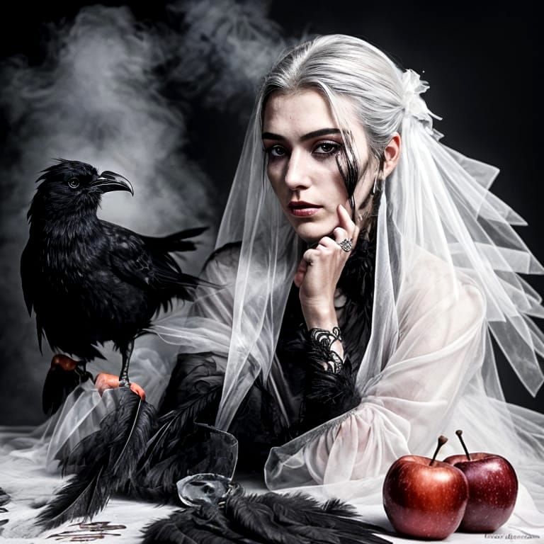 Still Life with Crow, Feathers and Apples