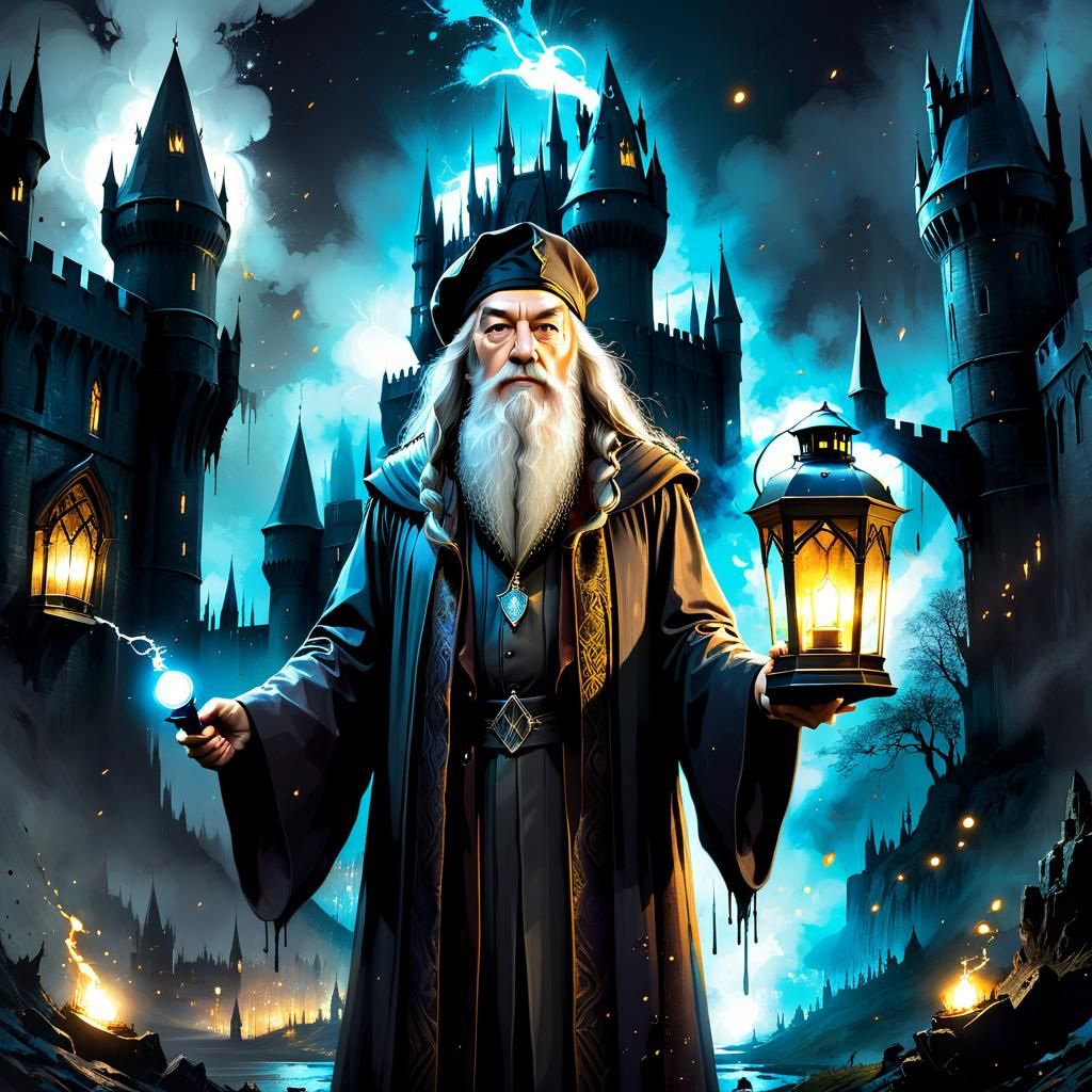 Albus Dumbledore with Lantern in Ink Splatter Style