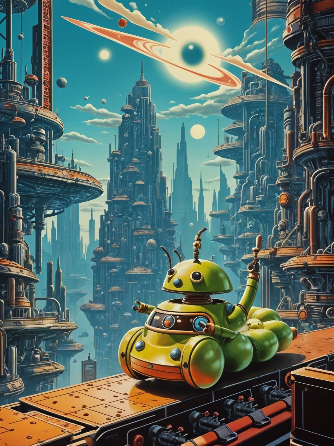 Cute Robot Pauses in Futuristic Sci-Fi City