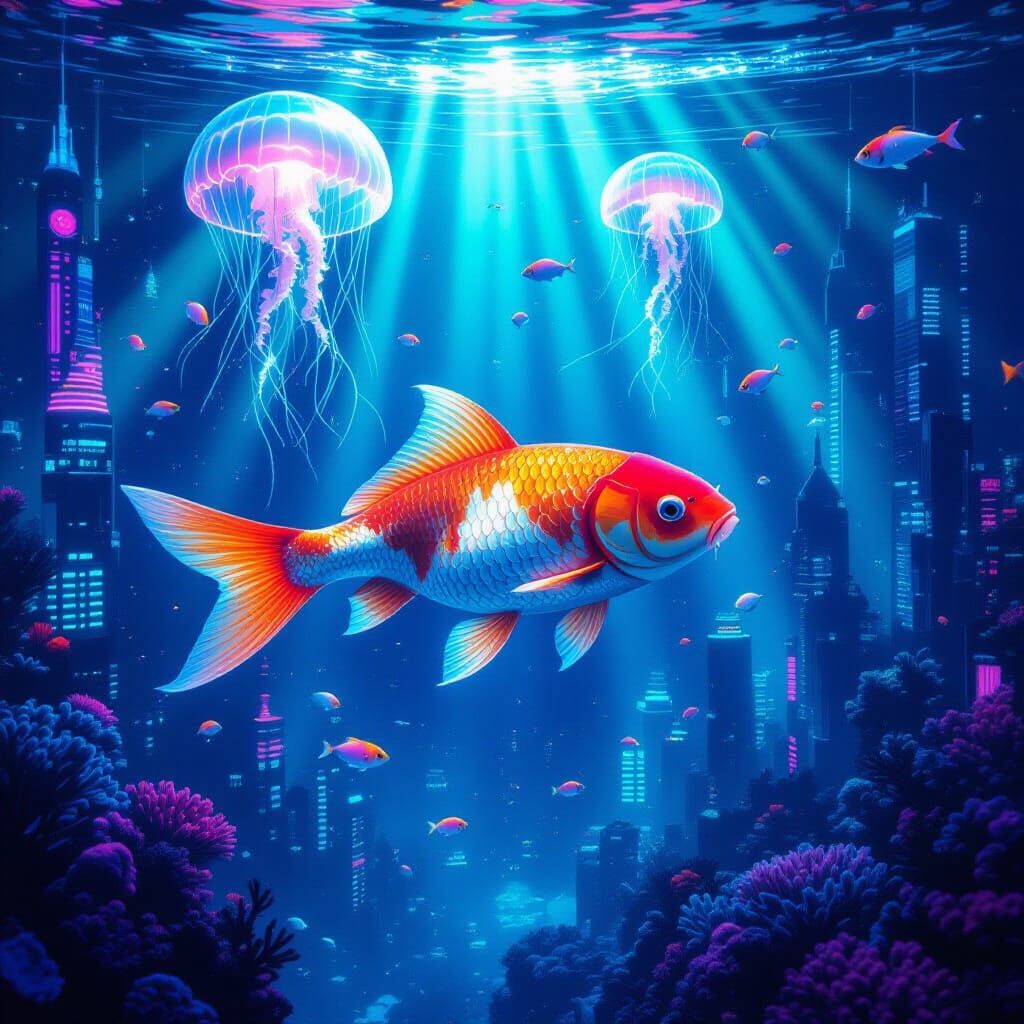 Underwater City: Bioluminescent Koi in Futuristic Setting