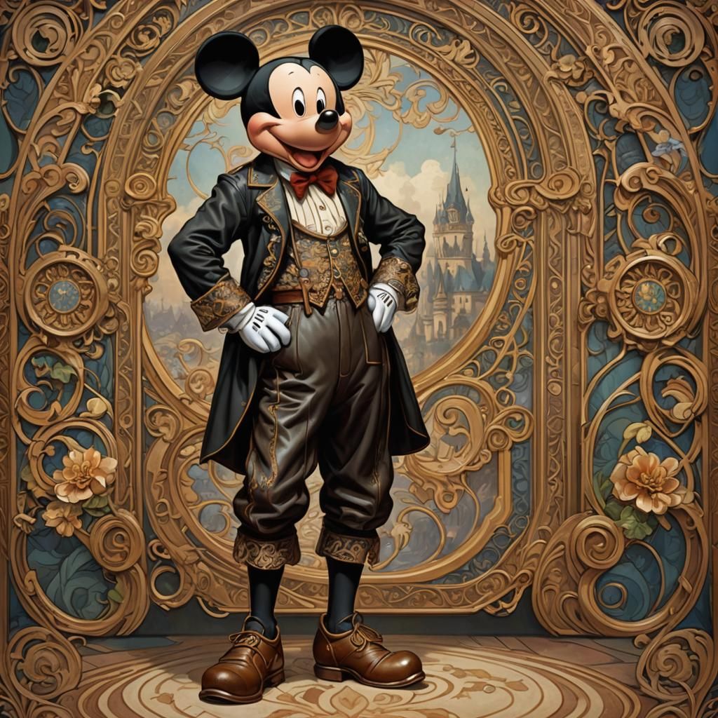 Mickey Mouse in Bavarian Lederhosen, Art Nouveau Style