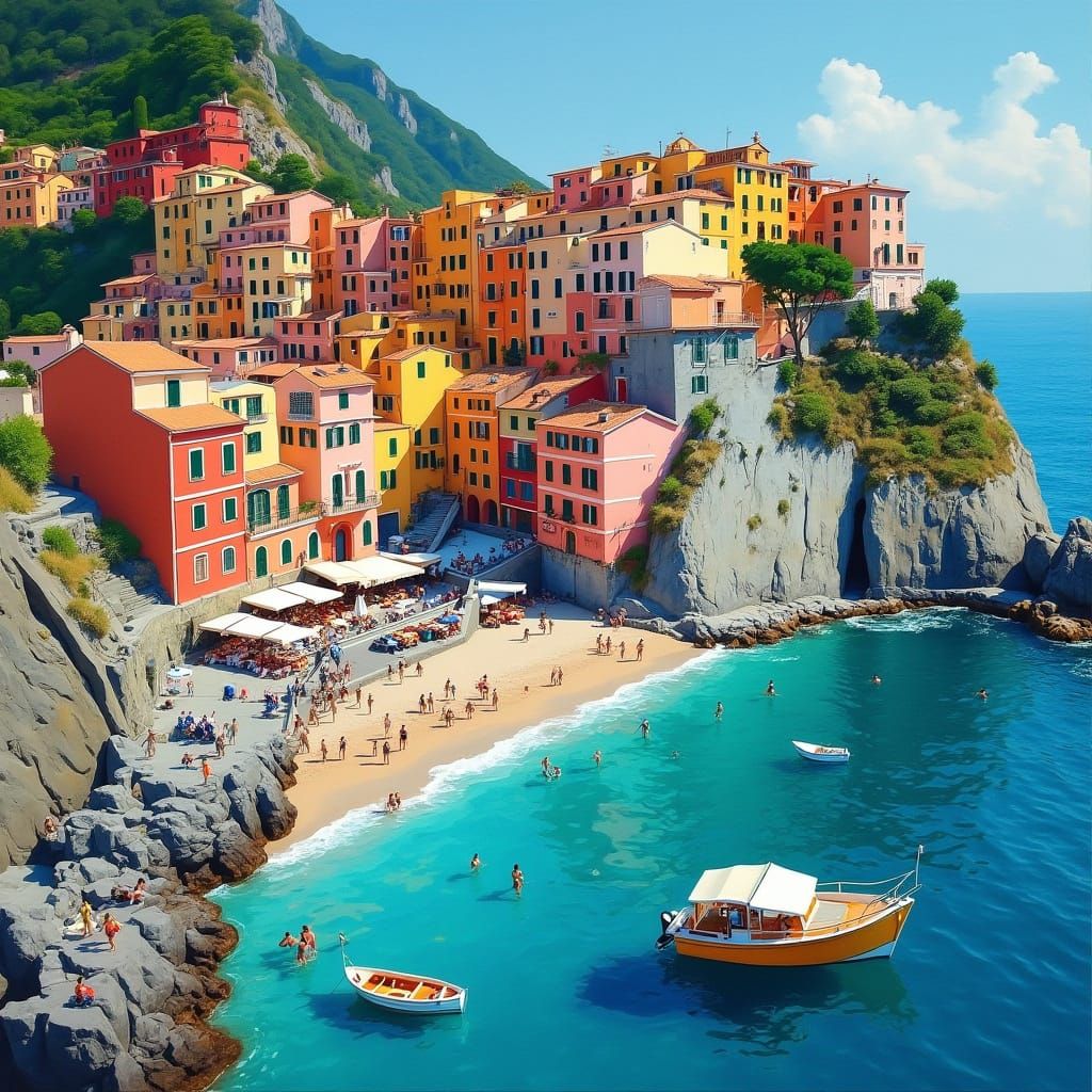 Amalfi Coast Town on Rocky Cliff Overlooking Turquoise Bay