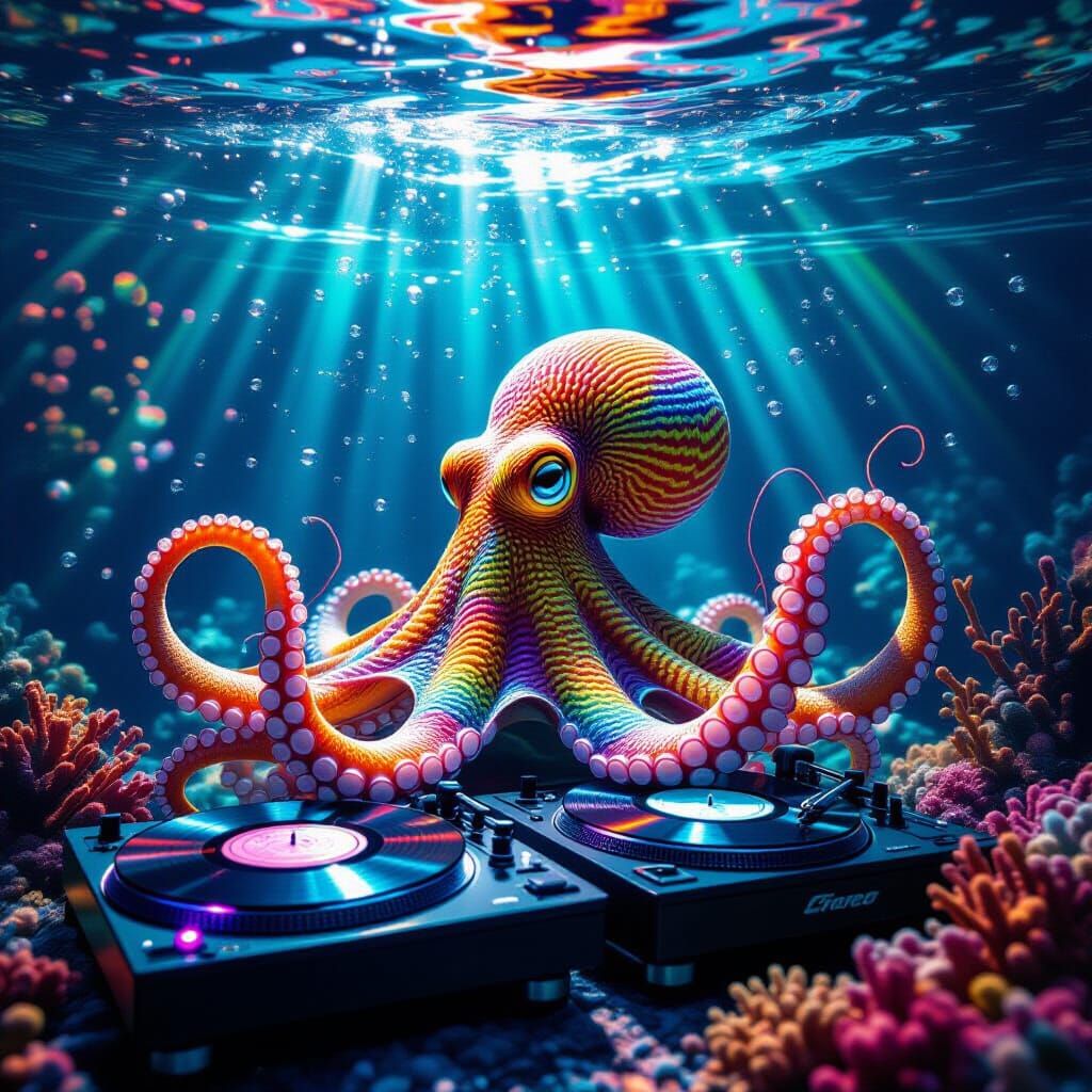 Octopus DJing Underwater Spinning Rainbow Records