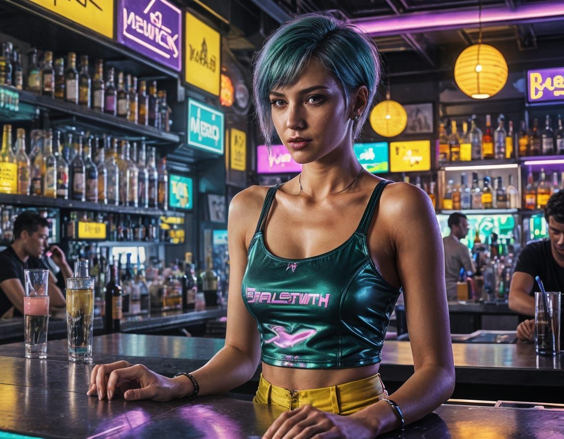 Cyberpunk Woman Serving Drinks at Neon Bar