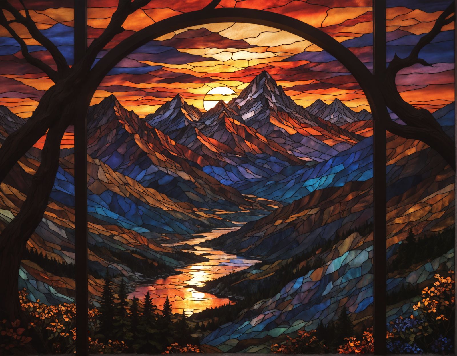 Stained Glass Mountain Sunset with Fairy Lights