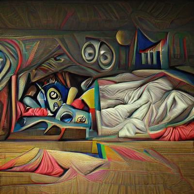 Surreal Insomnia Monster Under Bed: Cubist Painting