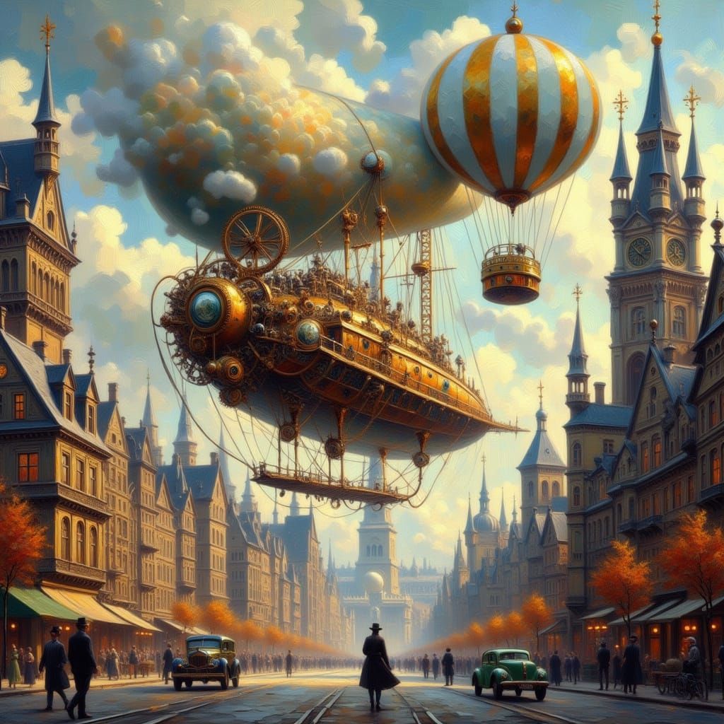 Steampunk Blimp Over Clockwork City, Impressionistic Style