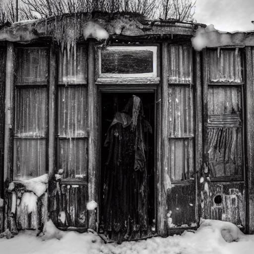 Goth Model in Decaying House, Grainy B&W Film Style