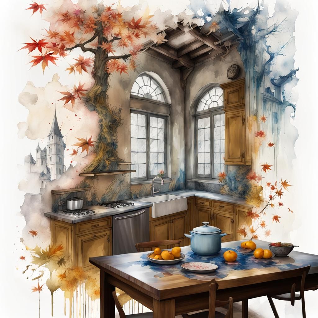 Watercolor Kitchen Inspired by Medieval Tapestry