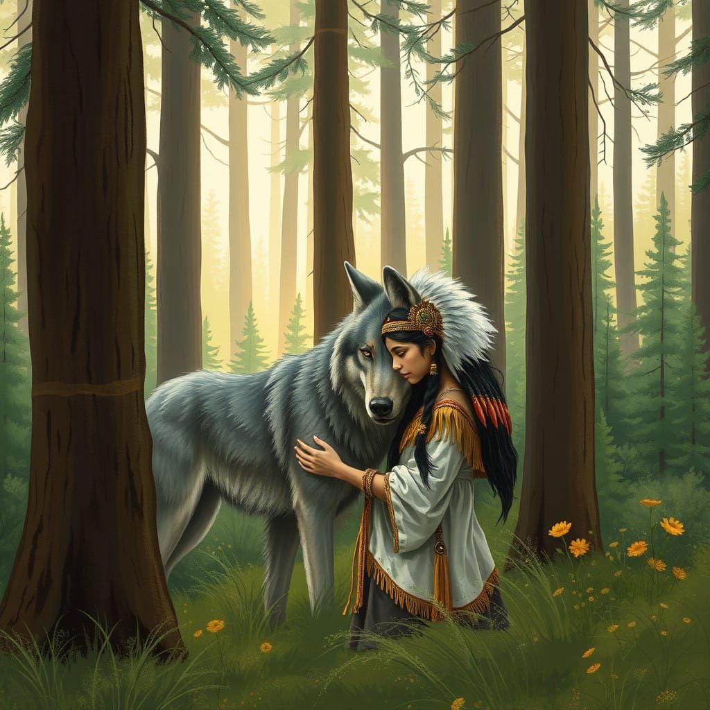 Surreal Sioux Girl Interacts with Majestic Gray Wolf in Sere...