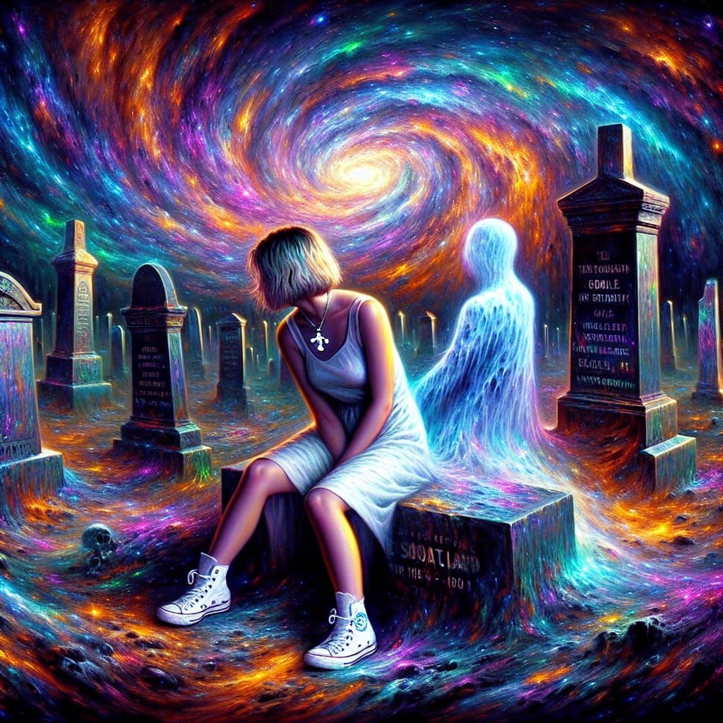 Eerie Time Traveler in Cosmic Cemetery as Impasto Painting
