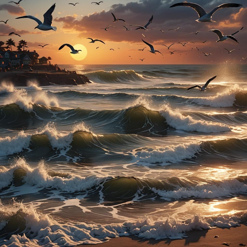 Tranquil Beach Sunset with Seagulls: Matte Painting