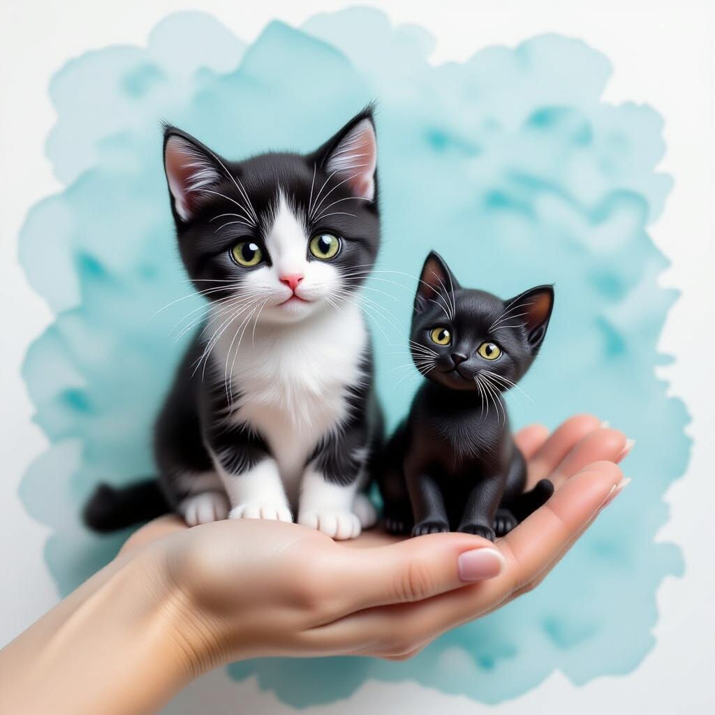 Miniature Cats in Hand with Watercolor Background