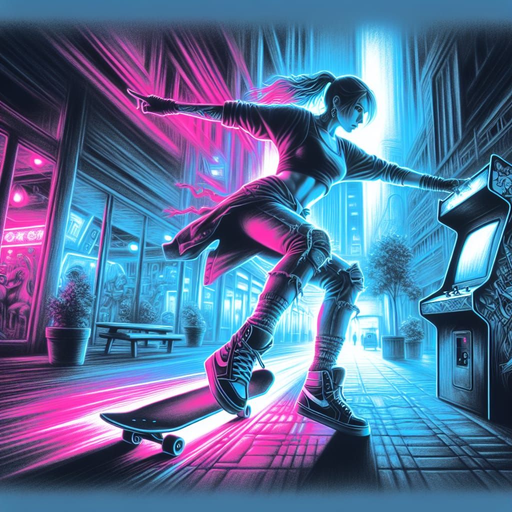 Neon Punk Rocker Skateboarding in Arcade: Charcoal Art