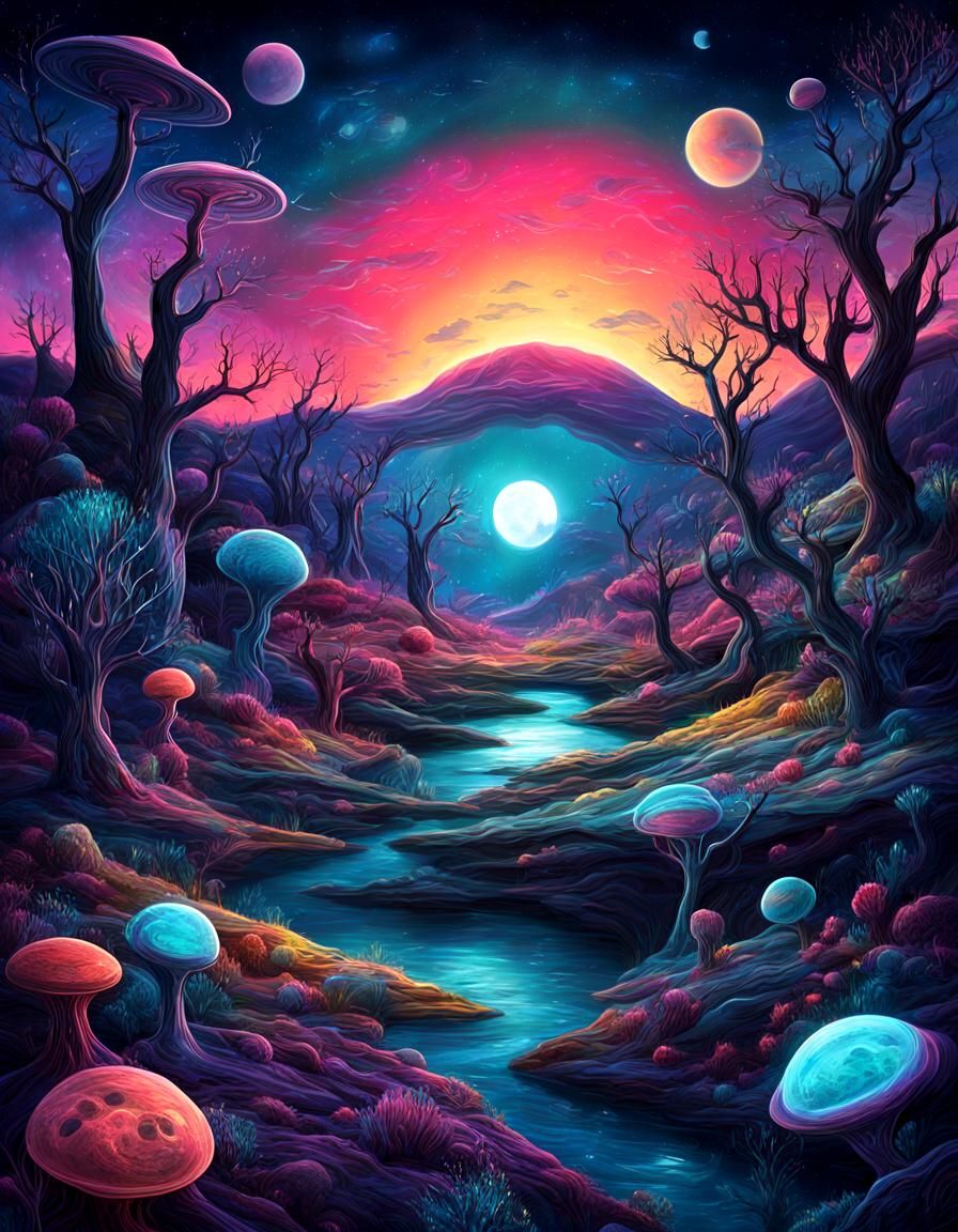 Surreal Alien Landscape with Bioluminescent Plants